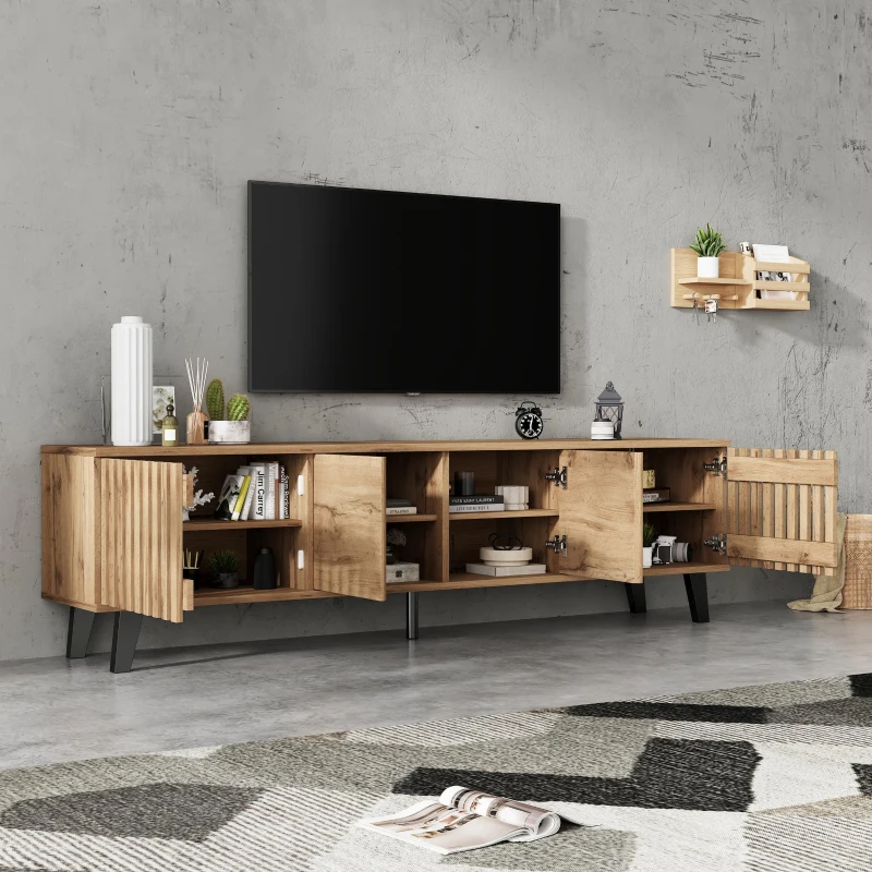 Modern Vintage TV Stand with Sturdy Five-Legged Support, Spacious Unit with 4 Openwork Doors and 9 Shelves, 180L x 40W x 55H cm, Wood