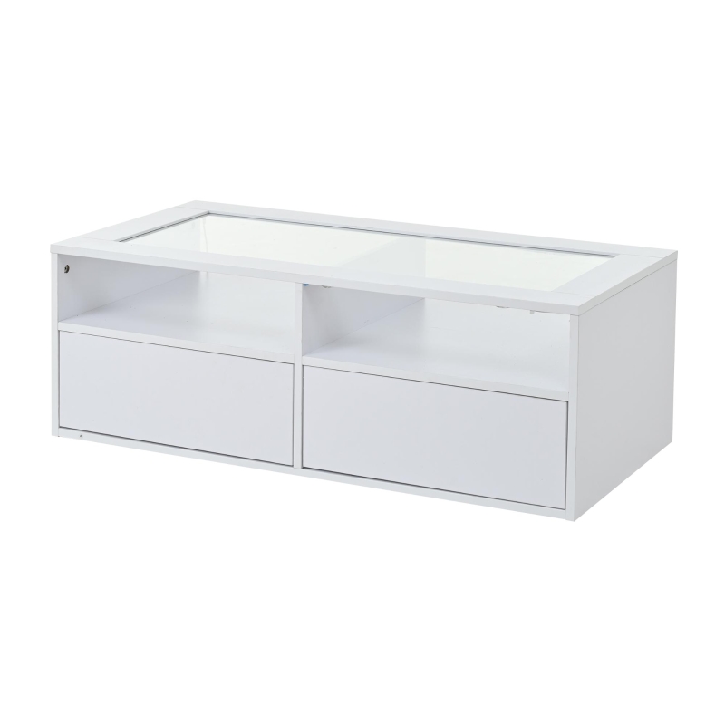Smart Coffee Table with App-Controlled LED, USB Port and Glass Top, Practical Unit with 2 Drawers and Shelves,100L x 50W x 35H cm, White