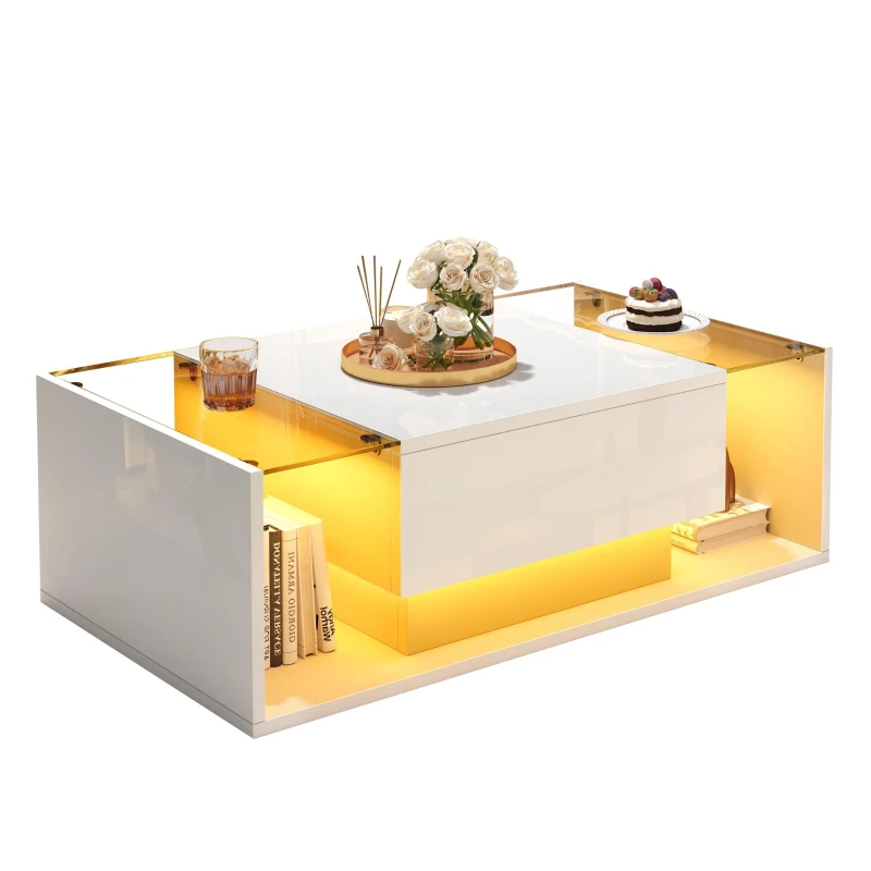High-Gloss Coffee Table with a Drawer and Semi-Open Storage, Modern Centre Table for Living Room and Office, 100L x 50W x 31H cm, White