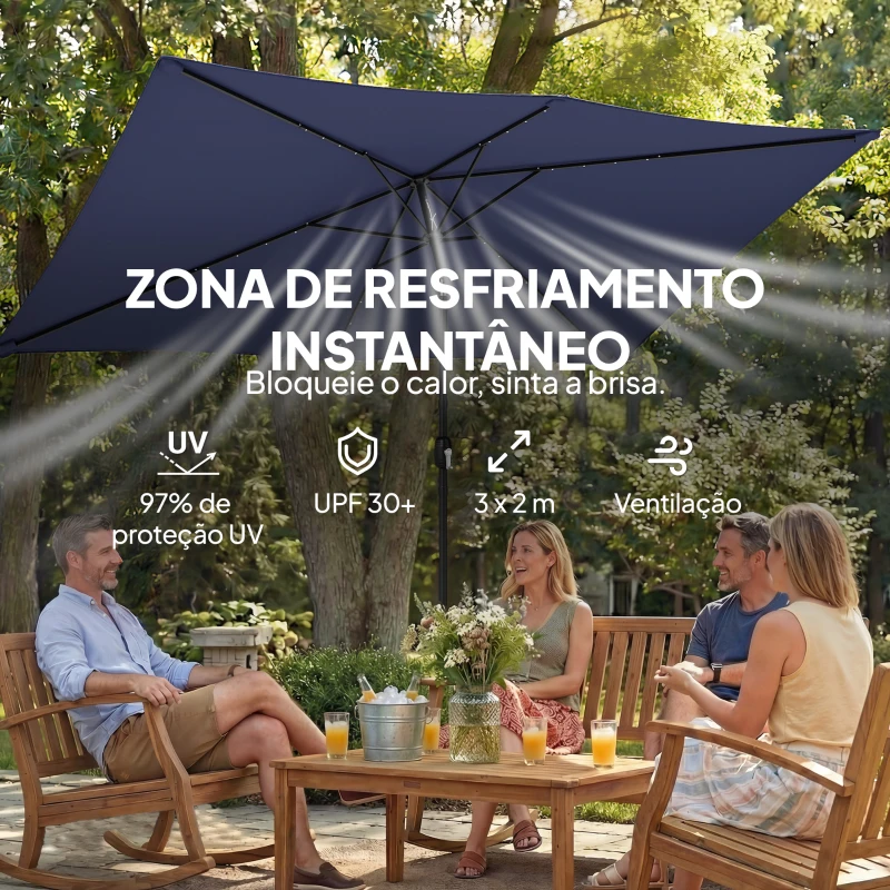 Outsunny Chapéu de Sol de Jardim com 24 Luzes LED Solares Cobertura Inclinável Poste Metálico 29x25 m Azul Escuro