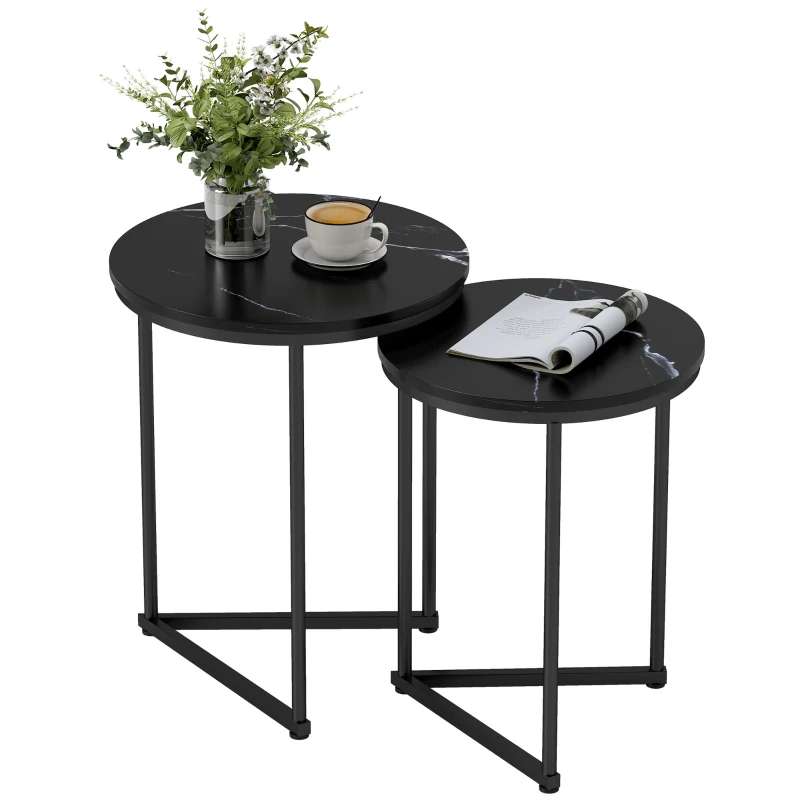 HOMCOM Set of Two Marble-Effect Nest of Tables - Black Marble Effect