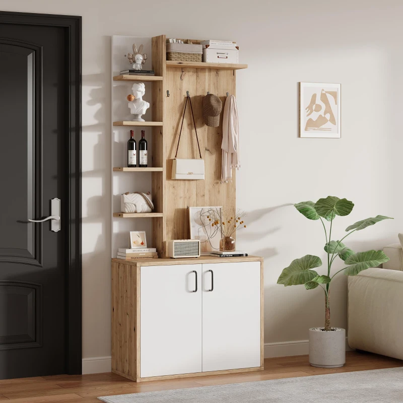 Hall Tree Coat Rack with Shoe Cabinet and 5 Open Shelves, Double‑door Storage for Narrow Entrance, 75L x 33W x 180H cm, White+Oak