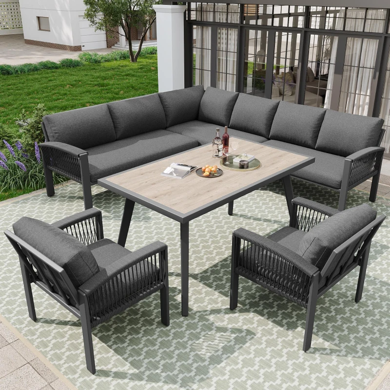 Stylish Garden Lounge Set with Galvanised Iron Frame and Wood‑Grain Table, Large Sofas and Table for 8 People, 124L x 69W x 86H cm, Gray