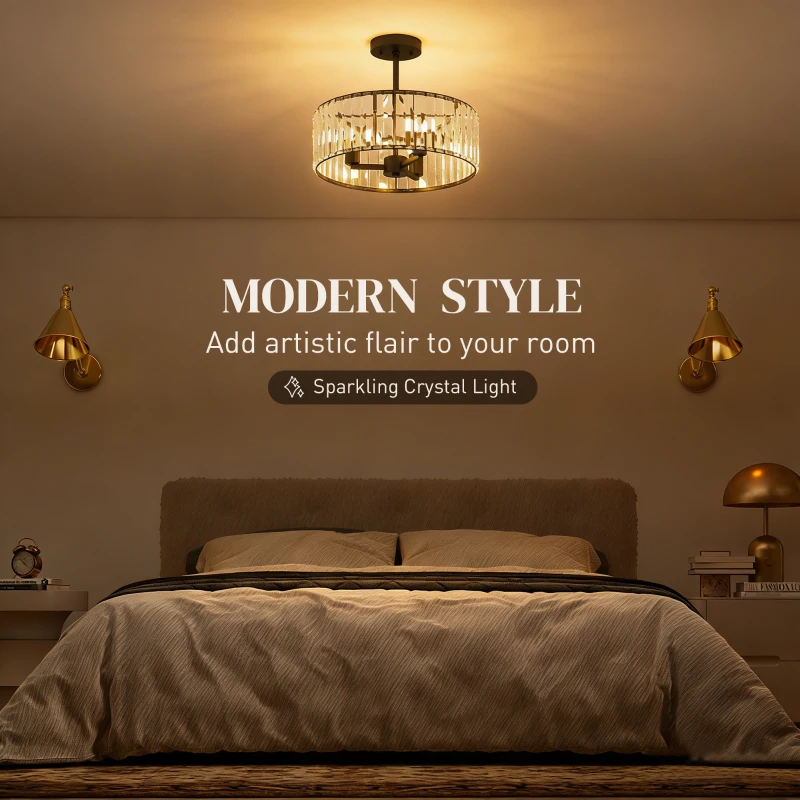 HOMCOM Crystal Ceiling Light, Semi Flush Mount Modern Crystal Chandelier Ceiling Light, E14 Base 3-Lights, Bulbs Not Included