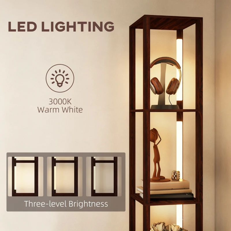 HOMCOM Floor Lamp with Shelves, LED Column Modern Standing Lamp with Fabric Drawer, Adjustable Brightness, Foot Switch for Living Room, Bedroom, Office, Dark Brown