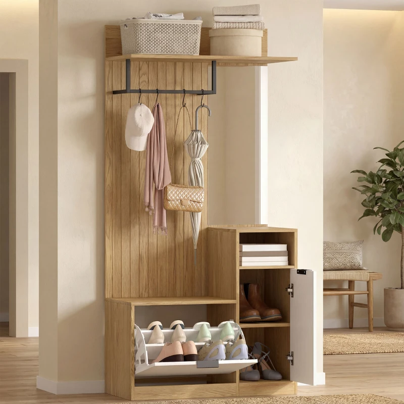 HOMCOM Appendiabiti da Ingresso con Asta, 4 Ganci, Panca con Scarpiera e Armadietto, Rovere e Bianco