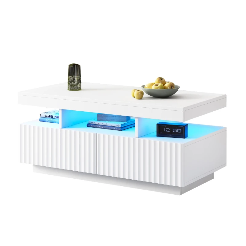 Modern Coffee Table with App-Controlled LED and Two Ribbed Drawers, Sleek Unit with Open Display Shelf, 100L x 50W x 45H cm, White