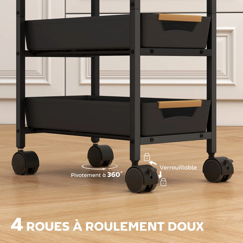HOMCOM Desserte cuisine, chariot de rangement à roulettes 5 niveaux avec 4 tiroirs coulissants, étagère de rangement, noir