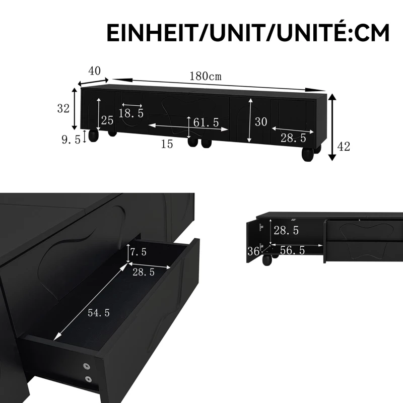 Minimalist TV Cabinet with Solid Wood Legs and Curved Doors, Spacious Storage Unit with Drawers and Shelves, 180L x 40W x 42H cm, Black