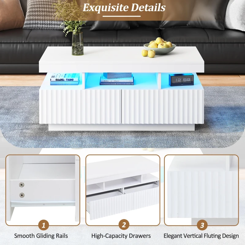 Modern Coffee Table with App-Controlled LED and Two Ribbed Drawers, Sleek Unit with Open Display Shelf, 100L x 50W x 45H cm, White