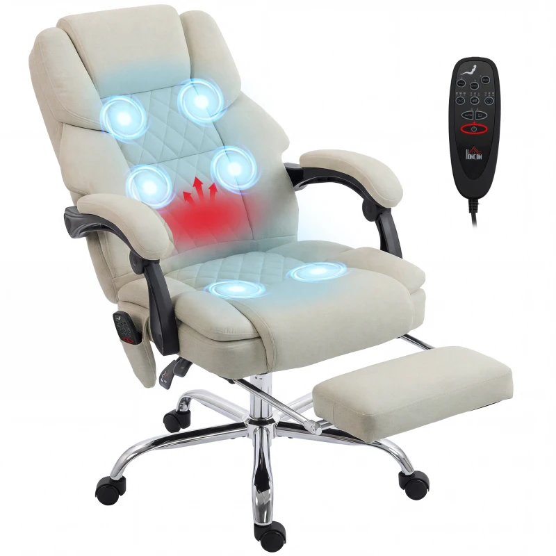 HOMCOM Office Chair with 6-point Vibration Massage and Heat, Fabric Desk Chair with Footrest, High Back, Cream White