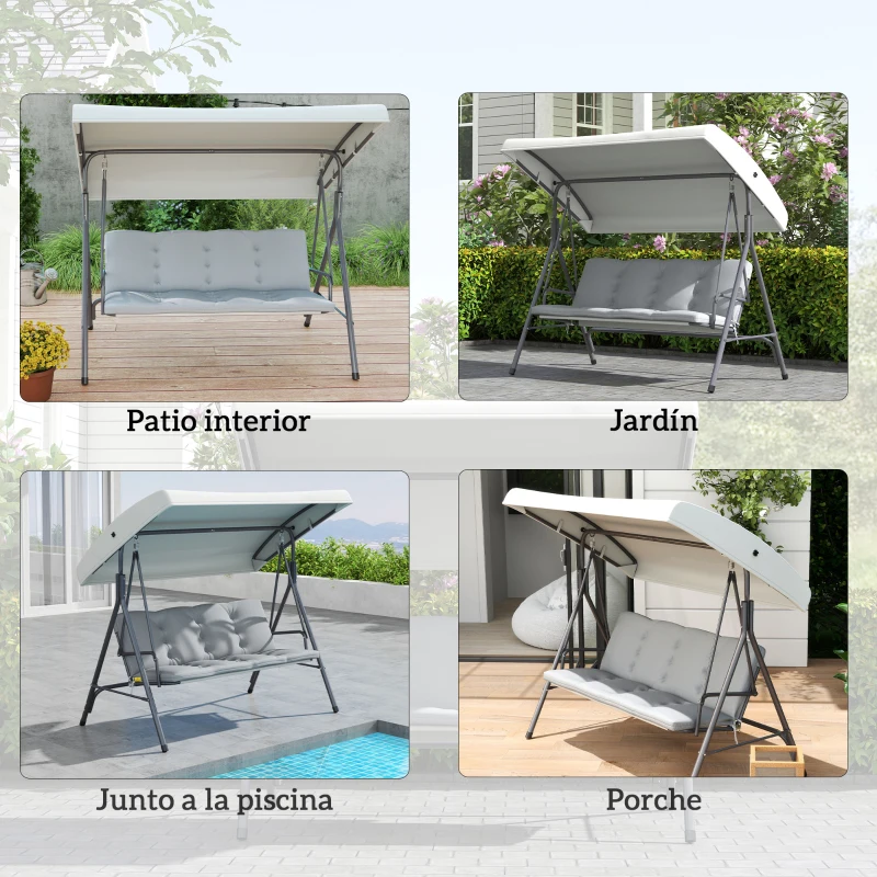 Outsunny Balancín de Jardín Exterior Columpio de 3 Plazas con Toldo Ajustable y Marco de Acero 172x110x156 cm Gris Claro