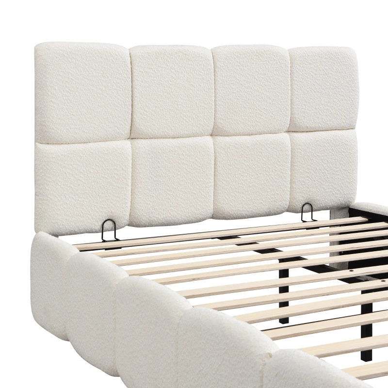 Plush Boucle Bed with Hydraulic Storage and Raised Headboard, Durable Frame with Slats, Self-Assembly, 204.5L x 142W x 100.5H cm, Beige