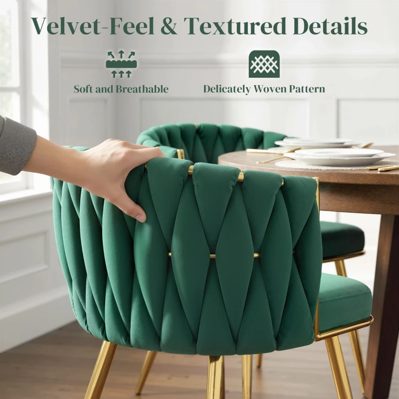 HOMCOM Velvet-Feel Dining Chairs Set of 2, Modern Upholstered Kitchen Chairs with Woven Backrest and Armrests, Metal Legs and Padded Seat for Dining Room, Bedroom, Living Room, Dark Green