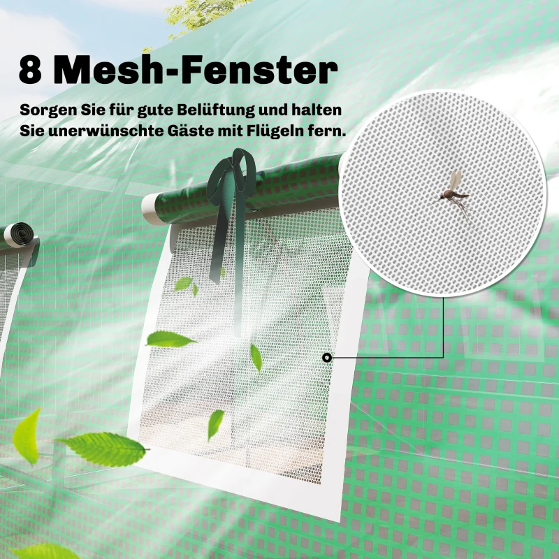 Outsunny Gewächshaus ca. 4 x 3 x 2 m Foliengewächshaus mit Rollbar 2 Reißverschlusstür & 8 Netzfenster Stützstangen Grün