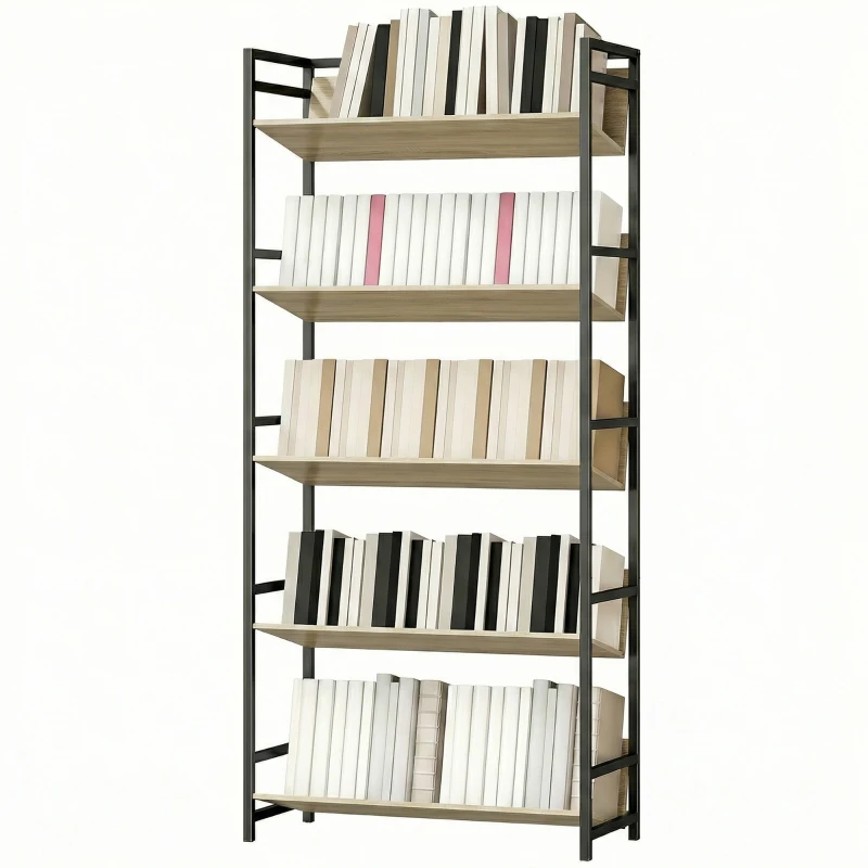 HOMCOM Bookshelf 5-Tier Metal Frame Room Divider Bookcase Storage Shelves for Living Room Oak