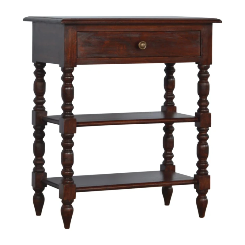 Handcrafted Solid Mango Wood Occasional Table with Turned Legs, Pre-assembled Unit with Drawer and Shelves, 60L x 35W x 70H cm, Brown