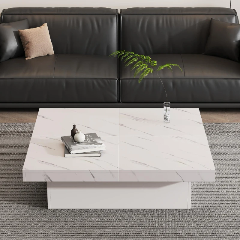 Modern Square Coffee Table with 4 Drawers and Sliding Surface, Space-Saving Center Table for Living Rooms, 90L x 90W x 25H cm, White