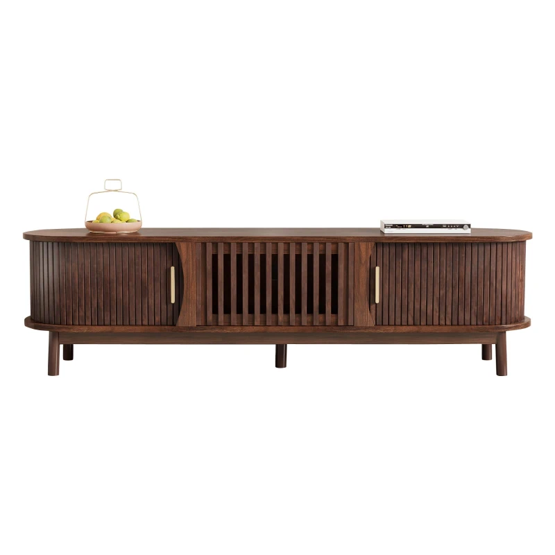 Retro MDF TV Stand with Sliding Wood-Slat Doors, Sturdy Unit with 3 Compartments for 65-Inch TV, 165L x 39.5W x 46H cm, Dark Oak