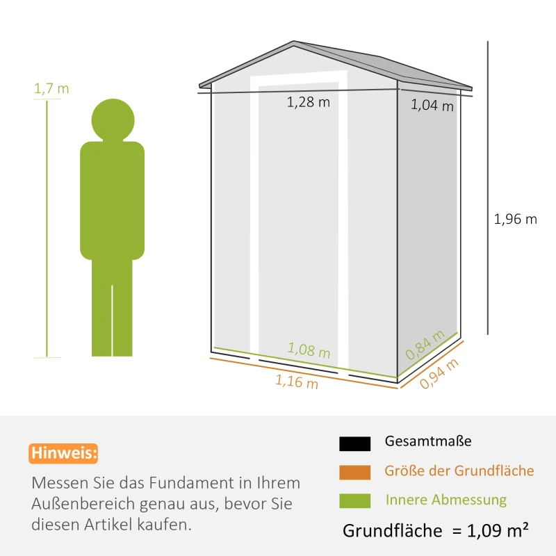 Outsunny Tuinschuur 1,1 m² Opbergschuur met Houtlook Venster Zadeldak Ventilatie Bodem Slot Handschoenen Grijs