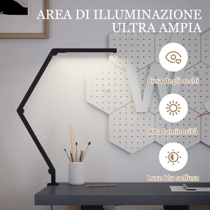 HOMCOM Lampada da Scrivania a LED Dimmerabile con Morsetto, Braccio Regolabile e 2 Colori di Luce, Nero