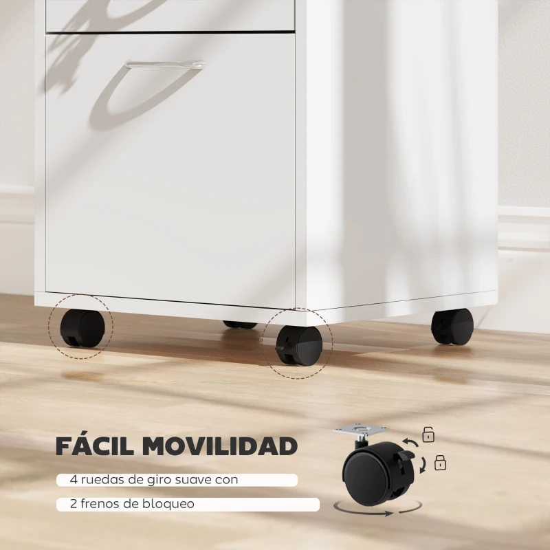 HOMCOM Cajonera de Oficina con Cajón con Cerradura y Armario con Ruedas Soporte de Impresora para Estudio 40x35x60 cm Blanco