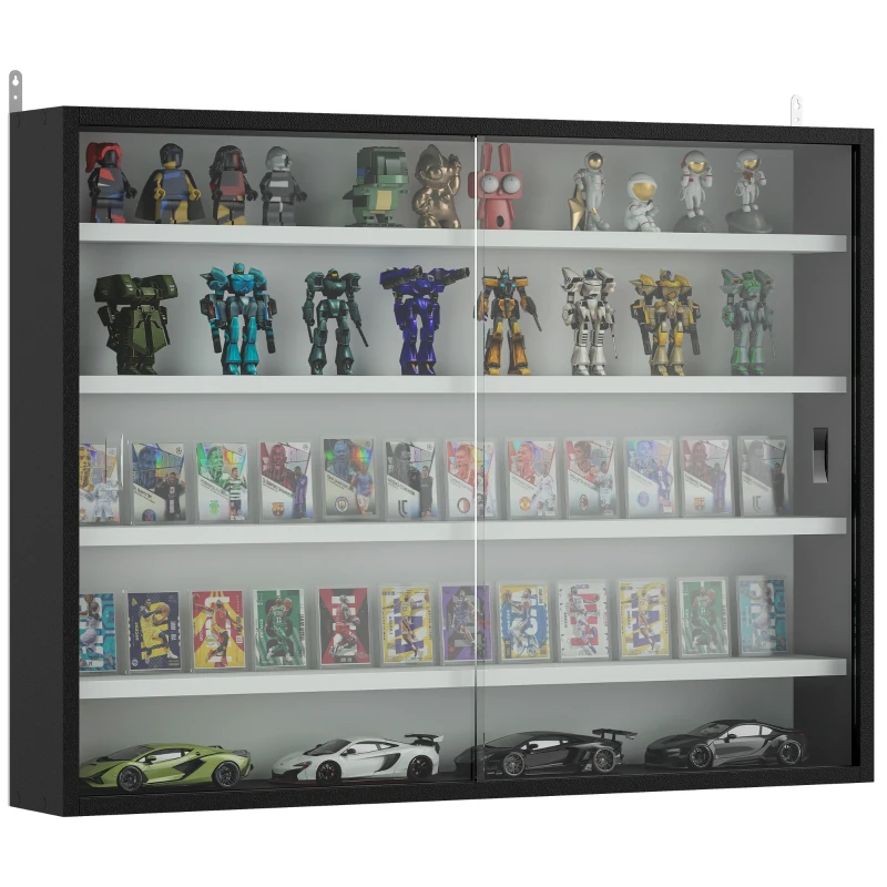 HOMCOM 5-Tier Wall Display Cabinet,  Wall Mounted Display Case w/ 4 Adjustable Shelves, Glass Doors, 60x80cm, Black and White