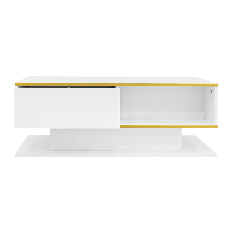 Modern LED Coffee Table with High-Gloss Finish and Gold Accents, Illuminated Unit with Drawers and Storage, 100L x 50W x 40H cm, White