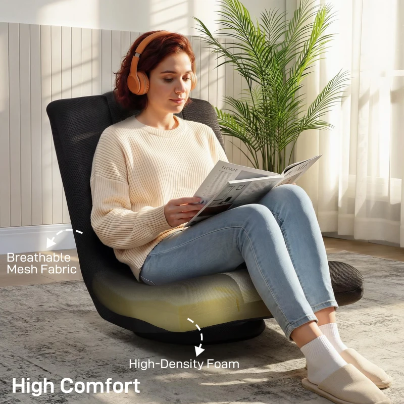 HOMCOM Floor Chair, Folding Floor Sofa with Adjustable Backrest, Wide Seat, Swivel Base, Black