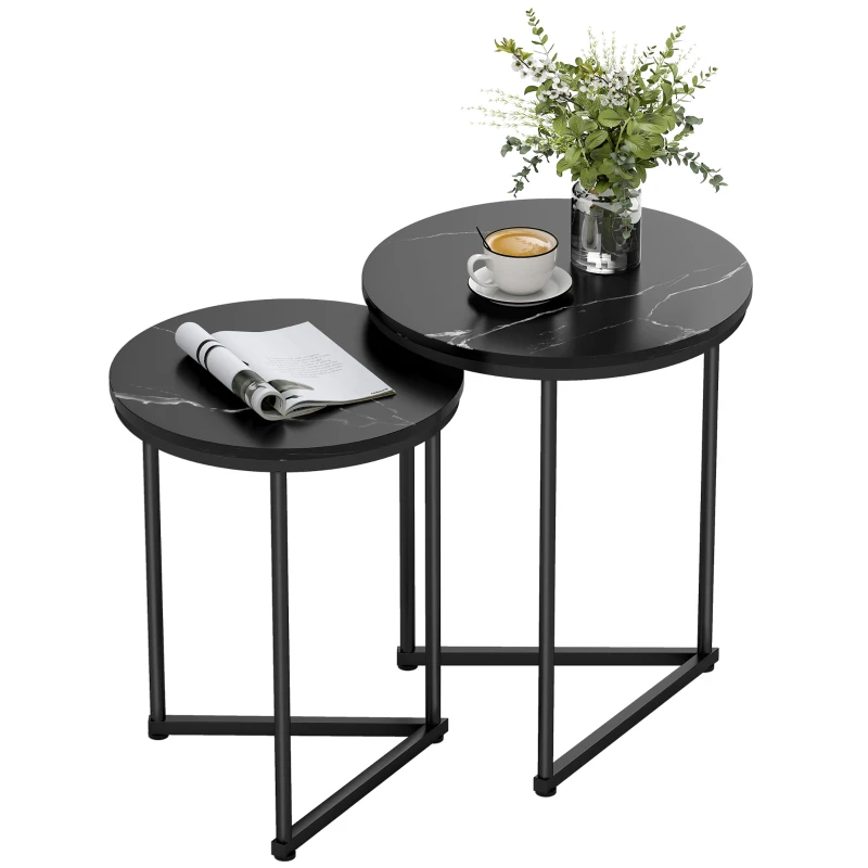 HOMCOM Set of Two Marble-Effect Nest of Tables - Black Marble Effect