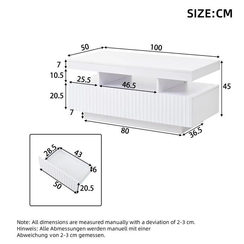 Modern Coffee Table with App-Controlled LED and Two Ribbed Drawers, Sleek Unit with Open Display Shelf, 100L x 50W x 45H cm, White