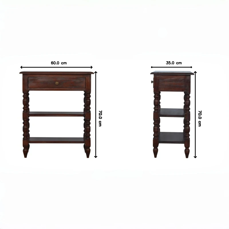 Handcrafted Solid Mango Wood Occasional Table with Turned Legs, Pre-assembled Unit with Drawer and Shelves, 60L x 35W x 70H cm, Brown