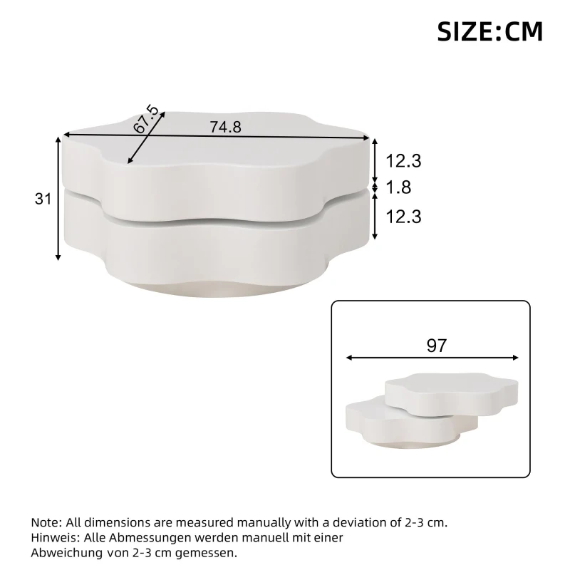 Flower-Shaped Coffee Table with 2 Shelves and Double-Tier Design, 360° Rotating Tabletop for Living Room, 75L x 67.5W x 31H cm, White