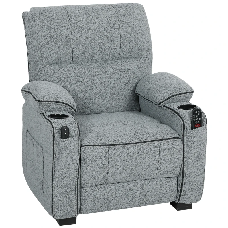 HOMCOM Electric Massage Recliner Armchair with Vibration, Heat, Whisper-Quiet Motor, Memory Function, Velvet Power Reclining Chair with Spring Pack, USB Port, Footrest, Side Pocket, Cup Holders, Grey