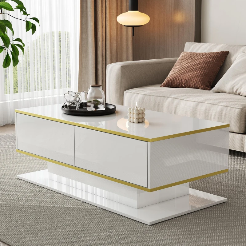 Modern LED Coffee Table with High-Gloss Finish and Gold Accents, Illuminated Unit with Drawers and Storage, 100L x 50W x 40H cm, White