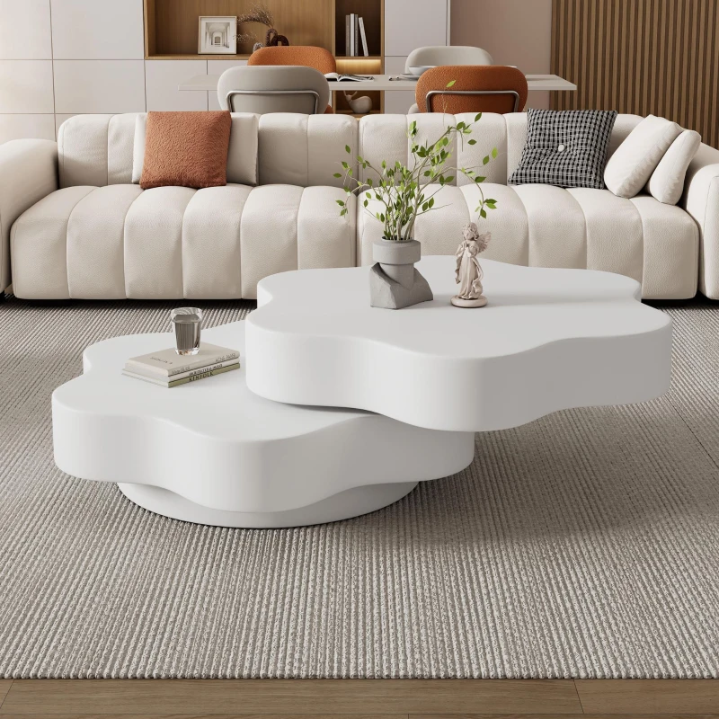 Flower-Shaped Coffee Table with 2 Shelves and Double-Tier Design, 360° Rotating Tabletop for Living Room, 75L x 67.5W x 31H cm, White