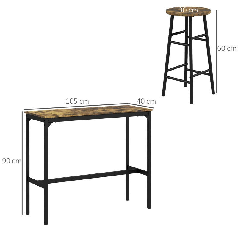 HOMCOM 3 Piece Bar Table Set with 2 Stools, Industrial Bar Table and Stool Set, Dining Table and Chair Set, Rustic Brown