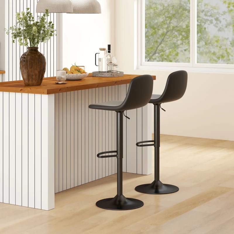 HOMCOM Bar Stools Set of 2, PU Leather Height Adjustable Swivel Bar Chairs with Backrest and Footrest, Modern Breakfast Barstools for Dining Room, Kitchen Island, Black