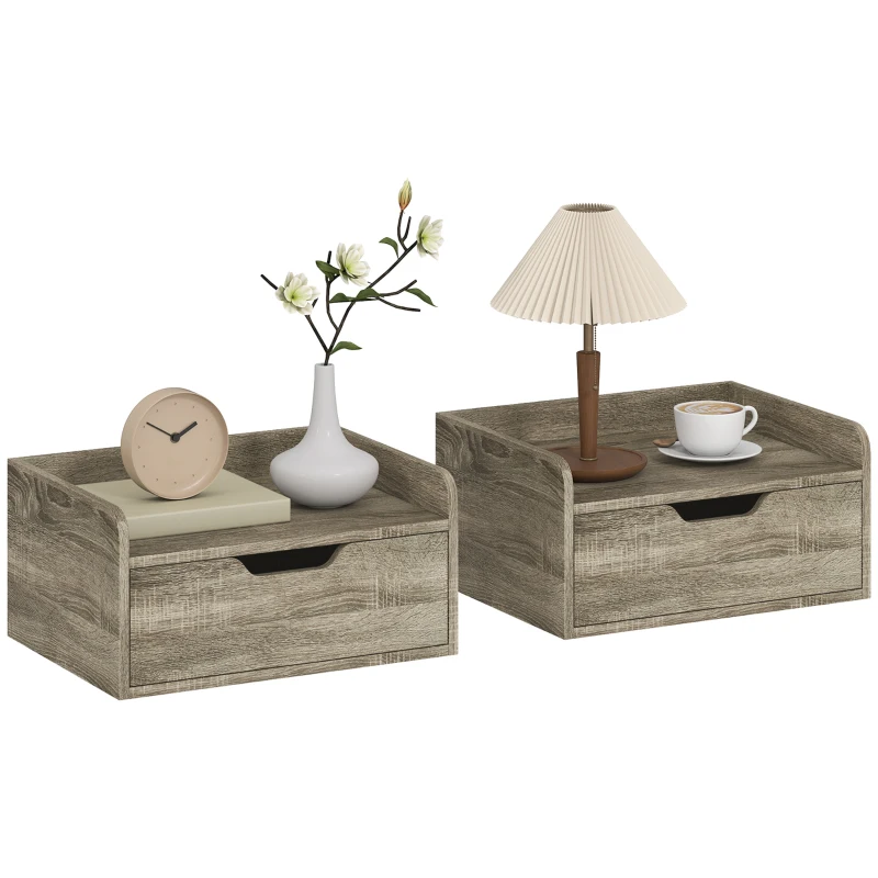 HOMCOM Floating Nightstands Set of 2, Wall Mounted Bedside Table with Drawer for Bedroom, Grey Wood Effect
