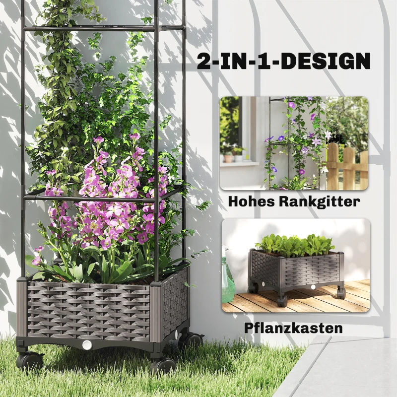 Outsunny Hochbeet mit Rankgitter mobiler Blumenkasten mit Rolle Abflussloch, Pflanzkasten 40 x 40 x 185 cm