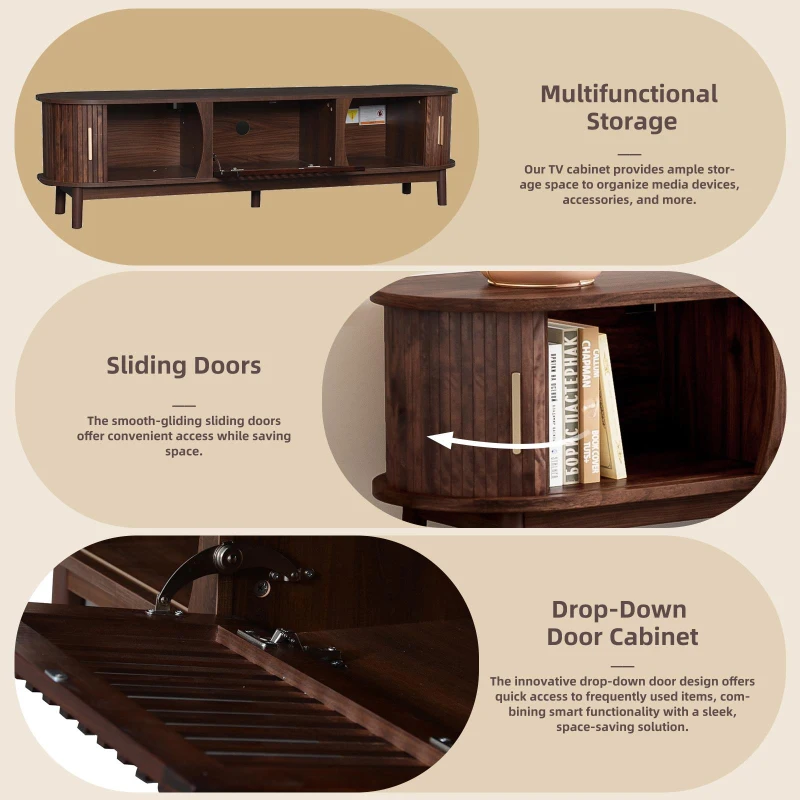 Retro MDF TV Stand with Sliding Wood-Slat Doors, Sturdy Unit with 3 Compartments for 65-Inch TV, 165L x 39.5W x 46H cm, Dark Oak