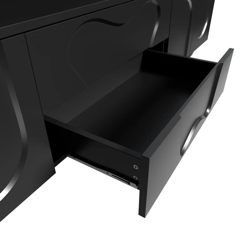 Minimalist TV Cabinet with Solid Wood Legs and Curved Doors, Spacious Storage Unit with Drawers and Shelves, 180L x 40W x 42H cm, Black