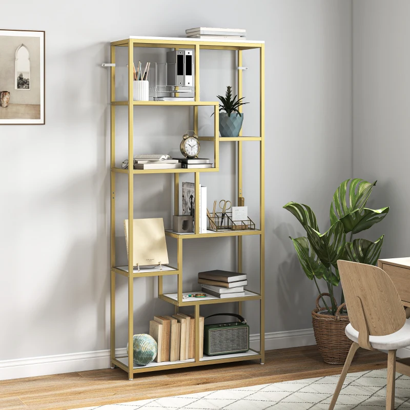HOMCOM Seven-Tier Geometric Bookcase - White/Gold Tone