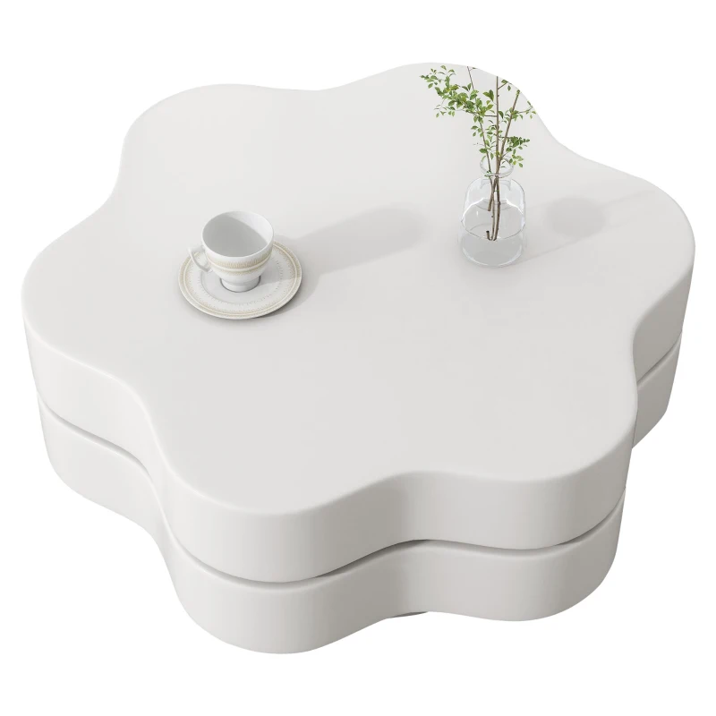 Flower-Shaped Coffee Table with 2 Shelves and Double-Tier Design, 360° Rotating Tabletop for Living Room, 75L x 67.5W x 31H cm, White
