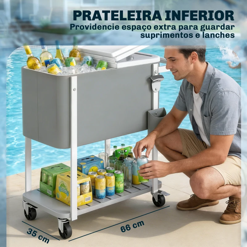 Outsunny Carro Térmico de 56L com Rodas Prateleira Abre Garrafas Coletor de Tampas Dreno e Pega para Jardim Festas 84x38x83 cm Cinzento
