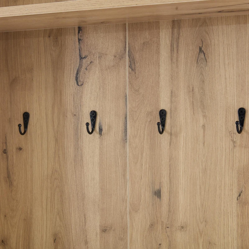 Hall Tree Coat Rack with Shoe Cabinet and 5 Open Shelves, Double‑door Storage for Narrow Entrance, 75L x 33W x 180H cm, White+Oak