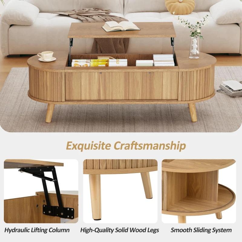 Lift-Up Oval Coffee Table with Hidden Storage and Height-Adjustable Top, Space-Saving Table for Living Areas, 120L x 50W x 39.5H cm, Wood