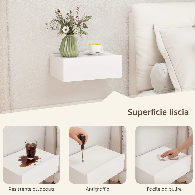 HOMCOM Set di 2 Comodini Sospesi Moderni con Cassetto in Legno, 40x30x15cm, Bianco