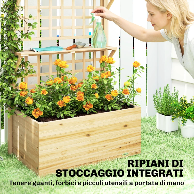 Outsunny Fioriera Rialzata in Legno con Traliccio, Tetto e 2 Mensole, 76x43.5x177 cm, Legno Naturale