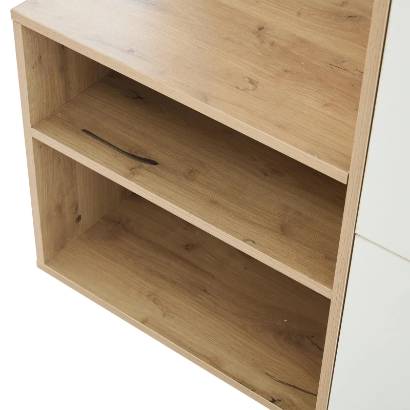 7-In-1 Coat Rack with 2 Shoe Compartments and Semi-open Shelves, High-gloss Cabinet with Mirror, 100L x 38.5W x 190H cm, White+Oak